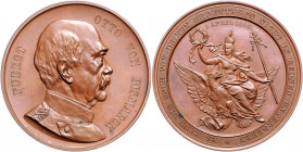 - Personen - Bismarck, Otto von 1815-1898 Bronzemedaille 1890 (v. Pulst/ Oertel) auf seinen 75. Geburtstag Bennert 83. Slg. Bö. 5242. 
60,1mm 117,4g ...