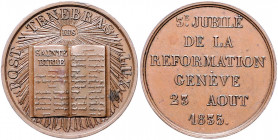 - Reformation Bronzemedaille 1835 auf die 300-Jahrfeier der Reformation in Genf Brozatus 1348a. Whiting 684. SM 1559. 
33,5mm 18,3g vz-st
