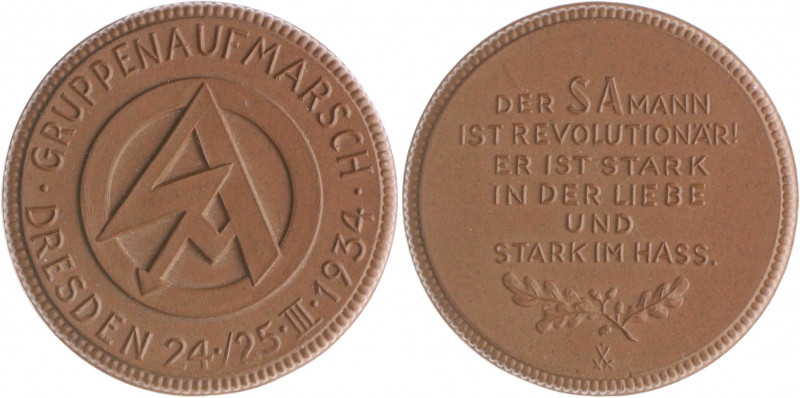 - Allgemeine Medaillen Porzellanmedaille 1934 braun auf den Gruppenaufmarsch der...
