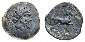 Iberia
Sacili (Pedro Abad, Cordoba) - Asse databile al periodo 120-50 a.C. - Diritto: testa barbuta a sinistra - Rovescio: cavallo al passo verso des...