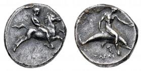 Calabria
Taranto - Didramma databile al periodo 380-345 a.C. - Diritto: giovane guerriero su cavallo al galoppo verso destra - Rovescio: Taras, in gr...