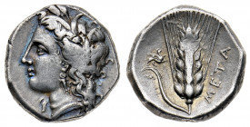 Lucania
Metaponto - Statere databile al periodo 330-290 a.C. - Diritto: testa di Demetra a sinistra - Rovescio: spiga di grano disposta verticalmente...