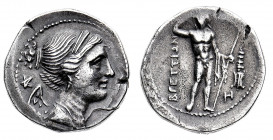 Bruttium
Lega dei Brettii - Dracma databile al periodo 216-214 a.C. - Diritto: testa di Nike a destra; a sinistra, nel campo, un pentagramma - Rovesc...