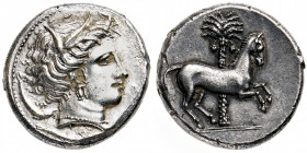 Sicilia
Dominazione punica - Entella - Tetradramma databile al periodo 350-325 a.C. - Diritto: testa di Aretusa a destra; attorno quattro delfini - R...