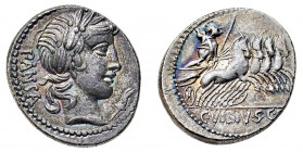 Denario al nome C.VIBIUIS.CF databile al 90 a.C. - Zecca: Roma - Diritto: testa laureata di Apollo a destra - Rovescio: Minerva in quadriga al galoppo...