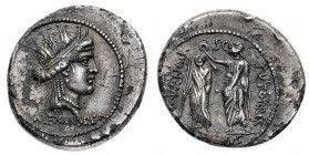Denario suberato al nome M.LEPIDVS databile al 61 a.C. - Zecca: Roma - Diritto: testa femminile (Alessandria?) coronata a destra - Rovescio: figura to...
