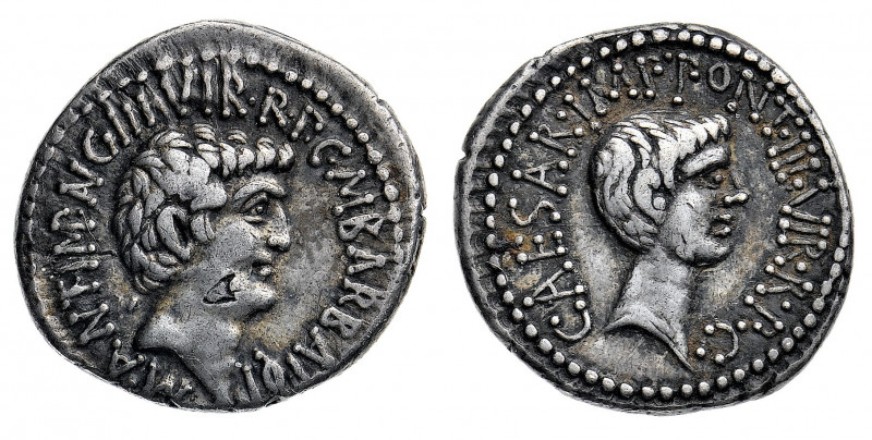 Marco Antonio e Ottaviano - Denario al nome M.BARBAT databile al 41 a.C. - Zecca...