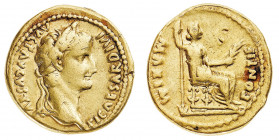 Tiberio (14-37 d.C.)
Aureo - Zecca: Roma - Diritto: testa laureata dell'Imperatore a destra - Rovescio: figura femminile seduta a destra tiene una la...