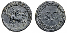 Caligola (37-41 d.C.)
Dupondio databile agli anni 37-38 d.C. - Zecca: Roma - Diritto: Nerone e Druso Cesari affiancati al galoppo verso destra - Rove...