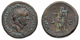 Vespasiano (69-79 d.C.)
Sesterzio databile al 71 d.C. - Zecca: Roma - Diritto: testa laureata dell'Imperatore a destra - Rovescio: Roma stante a sini...