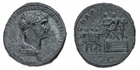 Traiano (98-117 d.C.)
Sesterzio databile al periodo 114-117 d.C. - Zecca: Roma - Diritto: busto laureato e drappeggiato dell'Imperatore a destra - Ro...