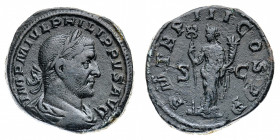 Filippo I (244-249 d.C.)
Sesterzio databile al 246 d.C. - Diritto: busto laureato, drappeggiato e corazzato dell'Imperatore a destra - Rovescio: la F...