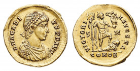Arcadio (395-408 d.C.)
Solido databile al periodo 395-402 d.C. - Zecca: Sirmium - Diritto: busto diademato, drappeggiato e corazzato dell'Imperatore ...