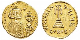 Costante II (641-668) - Solido databile al periodo 654-659 - Zecca: Costantinopoli - Diritto: mezzi busti affiancati dell'Imperatore e del figlio, Cos...