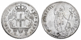 Repubblica di Genova 
Governo dei Dogi Biennali (1528-1797) - 8 Lire 1793 - Diritto: due grifoni reggono lo stemma della Repubblica e la corona sovra...