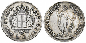Repubblica di Genova 
Governo dei Dogi Biennali (1528-1797) - 2 Lire 1794 - Diritto: due grifoni reggono lo stemma della Repubblica e la corona sovra...