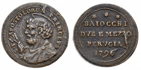 Stati Pontifici
Pio VI (1775-1799) - Sanpietrino da 2 Bajocchi e mezzo 1796 - Zecca: Perugia - Diritto: valore e data su quattro righe orizzontali - ...