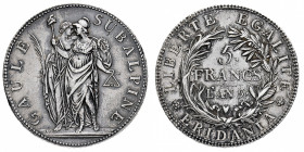 Repubblica Subalpina (1800-1802)
5 Franchi Anno 9° NGC AU 53 - Zecca: Torino - Diritto: due figure allegoriche stanti con simboli della Rivoluzione F...