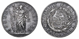 Repubblica Subalpina (1800-1802)
5 Franchi Anno 9° - Zecca: Torino - Diritto: due figure allegoriche stanti con simboli della Rivoluzione Francese - ...