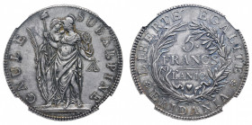 Repubblica Subalpina (1800-1802)
5 Franchi Anno 10° NGC MS 61 - Zecca: Torino - Diritto: due figure allegoriche stanti con simboli della Rivoluzione ...