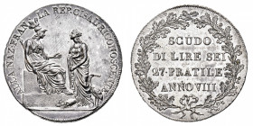Repubblica Cisalpina (1797-1802)
Scudo da 6 Lire Anno VIII (1799-1800) - Zecca: Milano - Diritto: la Repubblica Cisalpina stante a sinistra ringrazia...