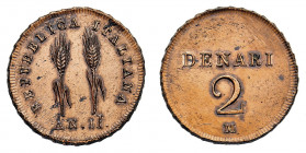 Prima Repubblica Italiana (1802-1805)
Progetto del 2 Denari Anno II (1803) - Diritto: due spighe di grano - Rovescio: valore su due righe orizzontali...