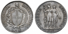 Repubblica Ligure (1798-1805)
8 Lire 1798 - Zecca: Genova - Diritto: stemma di Genova su fascio tra due rami di alloro e di palma - Rovescio: due fig...