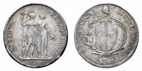 Repubblica Ligure (1798-1805)
8 Lire 1799 - Zecca: Genova - Diritto: stemma di Genova su fascio tra due rami di alloro e di palma - Rovescio: due fig...