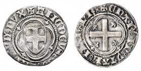 Amedeo VIII (1391-1434)
Con il titolo di Conte (1398-1416) - Mezzo Grosso tipo del Chiablese - Zecca: Chambéry o Nyon - Diritto: stemma di Casa Savoi...
