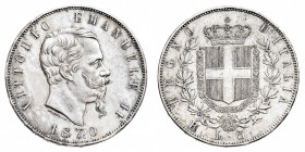 Vittorio Emanuele II (1861-1878)
5 Lire 1870 - Zecca: Roma - Diritto: effigie del Re a destra - Rovescio: stemma di Casa Savoia coronato e circondato...