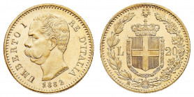 Umberto I (1878-1900)
20 Lire 1882 "1 su 1 capovolto" - Zecca: Roma - Diritto: effigie del Re a sinistra - Rovescio: stemma di Casa Savoia coronato e...