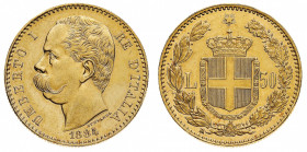 Umberto I (1878-1900)
50 Lire 1884 NGC MS 60 - Zecca: Roma - Diritto: effigie del Re a sinistra - Rovescio: stemma di Casa Savoia coronato e circonda...