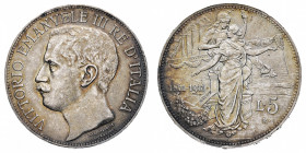 Vittorio Emanuele III (1900-1946)
5 Lire Cinquantenario 1911 NGC MS 62 - Zecca: Roma - Diritto: effigie del Re a sinistra - Rovescio: allegoria dell'...