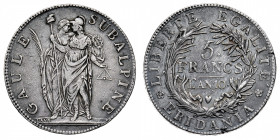 Repubblica Subalpina (1800-1802)
5 Franchi Anno 10° - Zecca: Torino - Diritto: due figure allegoriche stanti con simboli della Rivoluzione Francese -...