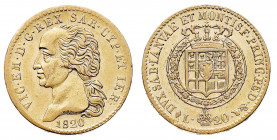Vittorio Emanuele I (1802-1821)
20 Lire 1820 - Zecca: Torino - Diritto: effigie del Re a sinistra - Rovescio: stemma completo di Casa Savoia coronato...