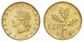20 Lire Ramo di Quercia 1956 Prova - Zecca: Roma - gr. 3,60 - Rara - 1.500 esemplari coniati - FDC (Gig. n. P11) (Mont. n. 3)