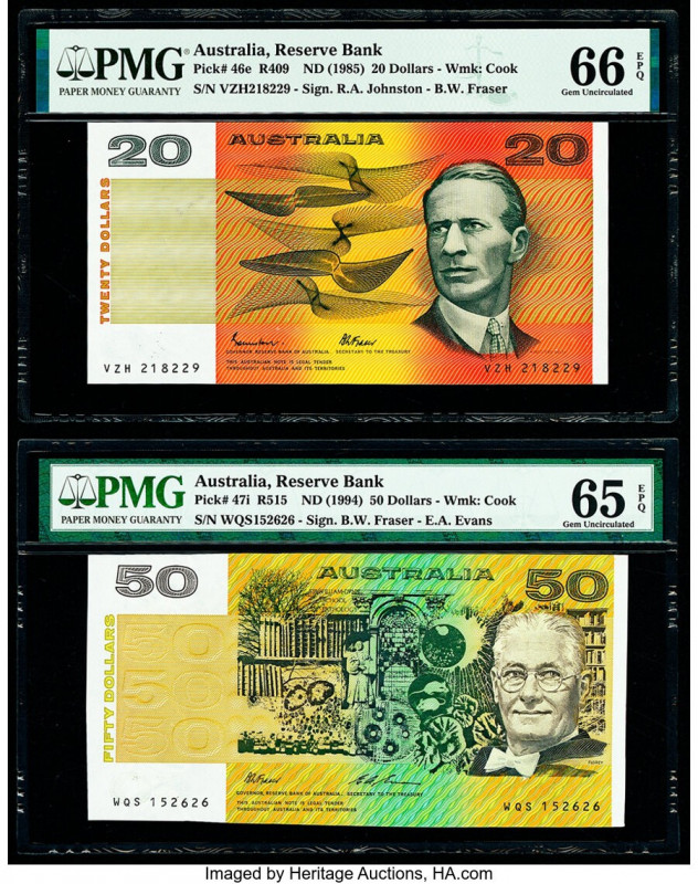 Australia Reserve Bank 20; 50 Dollars ND (1985; 1994) Pick 46e; 47i Two Examples...