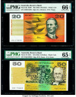 Australia Reserve Bank 20; 50 Dollars ND (1985; 1994) Pick 46e; 47i Two Examples PMG Gem Uncirculated 66 EPQ; Gem Uncirculated 65 EPQ. 

HID0980124201...