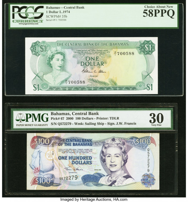 Bahamas Central Bank 1; 100 Dollars 1974; 2000 Pick 35b; 67 Two Examples PCGS Ch...