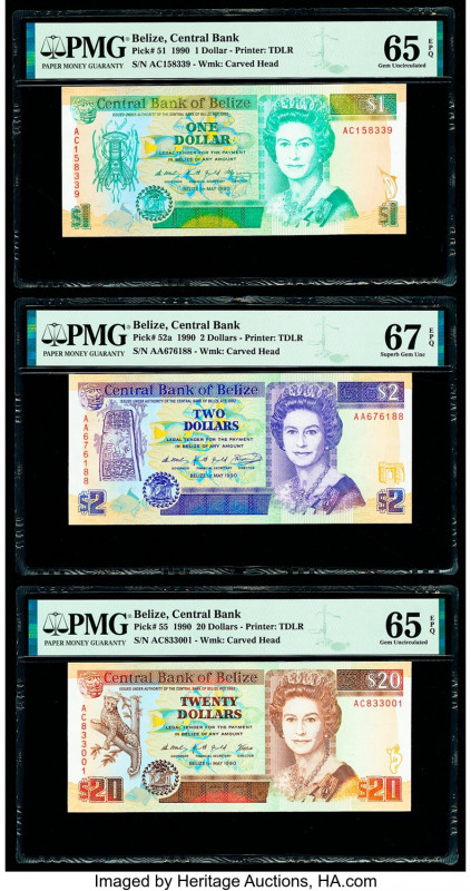 Belize Central Bank 1; 2; 20 Dollar 1.5.1990 Pick 51; 52a; 55 Three Examples PMG...