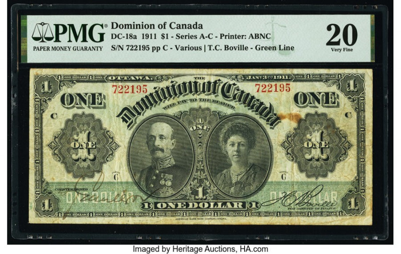 Canada Dominion of Canada $1 3.1.1911 Pick 27a DC-18a PMG Very Fine 20. Stains.
...