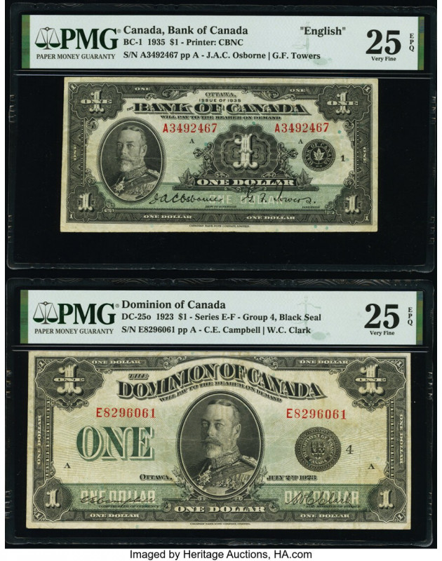 Canada Bank of Canada; Dominion of Canada $1 1935; 2.7.1923 BC-1; DC-25o Two Exa...