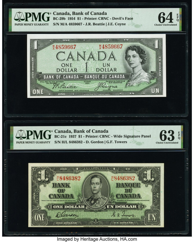 Canada Bank of Canada $1 1954; 1937 Pick 66b BC-29b "Devil's Face"; BC21c Two Ex...