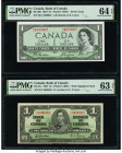 Canada Bank of Canada $1 1954; 1937 Pick 66b BC-29b "Devil's Face"; BC21c Two Examples PMG Choice Uncirculated 64 EPQ; Choice Uncirculated 63 EPQ. 

H...