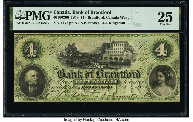 Canada Brantford, CW- Bank of Brantford $4 1.11.1859 Pick S1571a Ch.# 40-10-02-0...