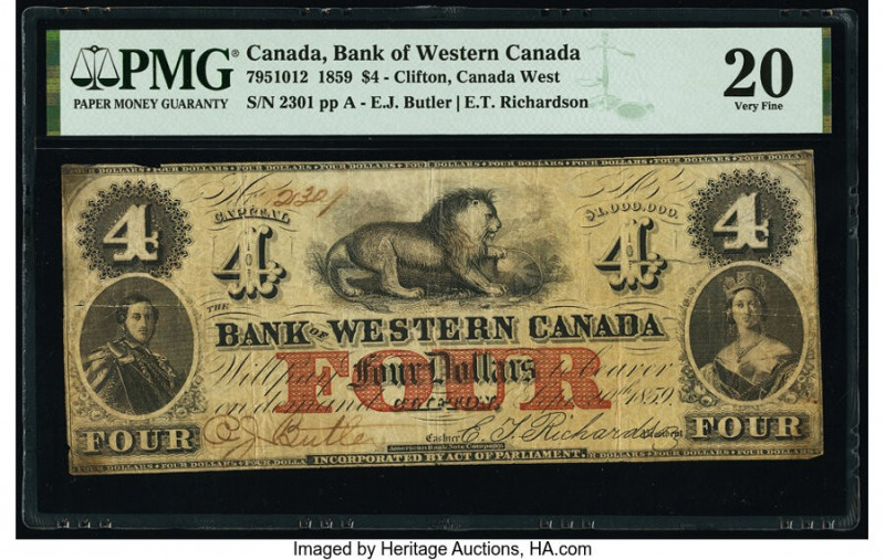 Canada Clifton, CW- Bank of Western Canada $4 20.9.1859 Pick S2040 Ch.# 795-10-1...