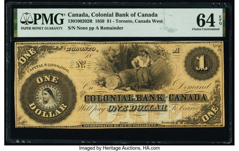 Canada Toronto, CW- Colonial Bank of Canada $1 1856-63 Pick S1666r Ch.# 130-10-0...