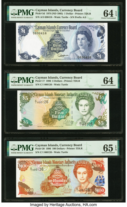 Cayman Islands Currency Board 1; 5; 100 Dollars 1974 (ND 1985); 1996 (2) Pick 5d...