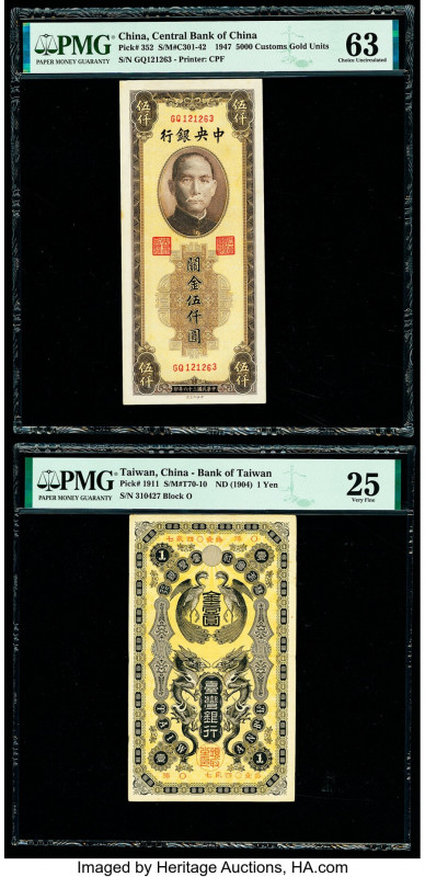China Central Bank of China; Bank of Taiwan 5000 Customs Gold Units; 1 Yen 1947;...