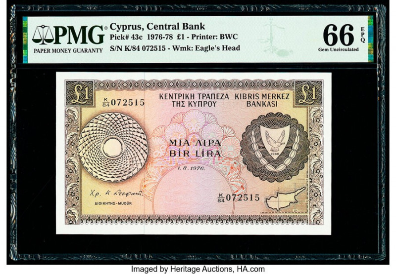 Cyprus Central Bank of Cyprus 1 Pound 1.8.1976 Pick 43c PMG Gem Uncirculated 66 ...